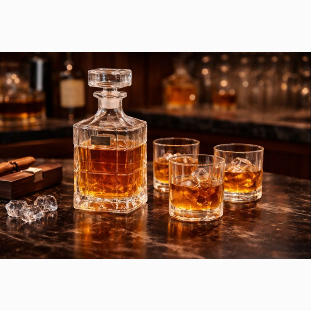 7-Piece Luxury Glass Whiskey Decanter Set – 1 Crystal-Style Liquor Bottle with 6 Matching Rocks Glasses – Elegant Barware Gift Set for Scotch, Bourbon, and Brandy