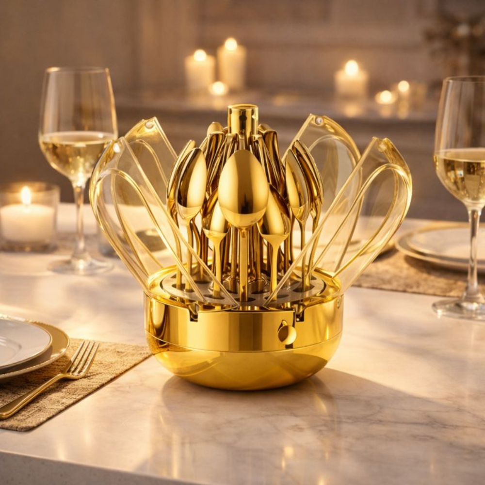 Luxury 24-Piece Gold Cutlery Set with Rotating Dustproof Storage Dome – Hygienic 360° Spin Flatware Organizer – Premium Stainless Steel Spoons, Forks, & Knives for Elegant Dining & Kitchen Decor