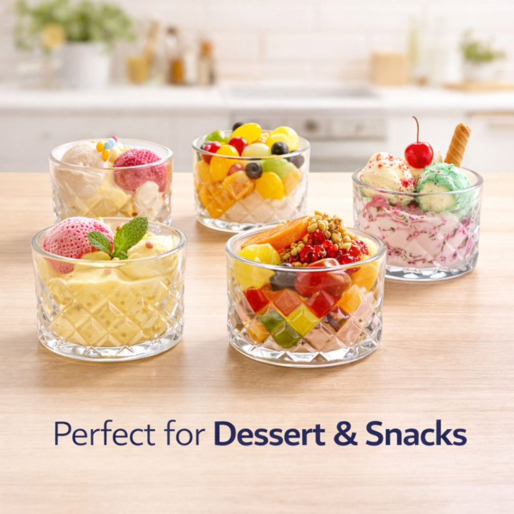 6 PCS Diamond Glass Bowl Set – 250 ML Premium Clear Glass Dessert Bowls | Diamond-Cut Design | Snack, Ice Cream, Fruit & Serving Bowls | Stackable & Easy to Clean