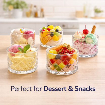 6 PCS Diamond Glass Bowl Set – 250 ML Premium Clear Glass Dessert Bowls | Diamond-Cut Design | Snack, Ice Cream, Fruit & Serving Bowls | Stackable & Easy to Clean