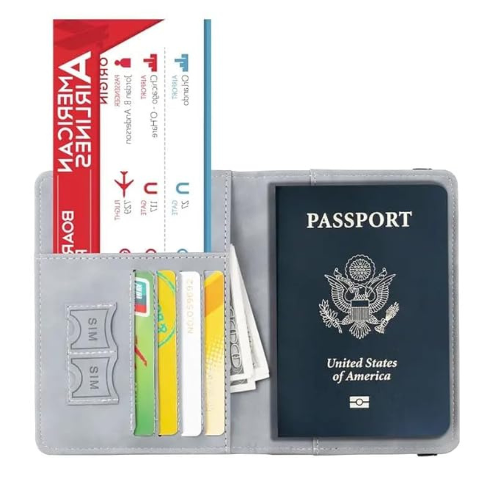 Premium Passport Holder Travel Wallet for Men & Women | Waterproof PU Leather Passport Cover with Card Slots, SIM Storage & Elastic Strap | RFID Safe Travel Organizer (Grey)