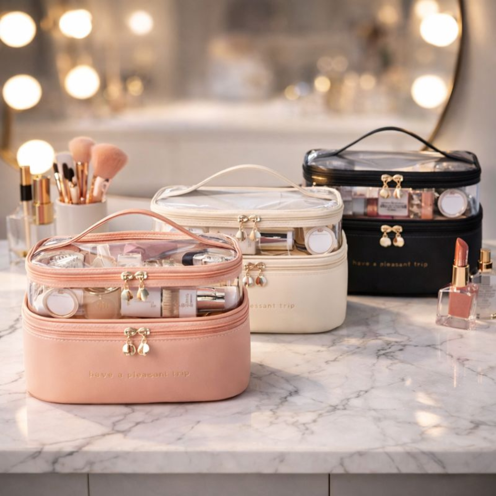 Dual-Layer Clear Travel Makeup Bag – Large Capacity Waterproof Toiletry Organizer with Handle – Portable Cosmetic Case for Skincare And Toiletry Bag