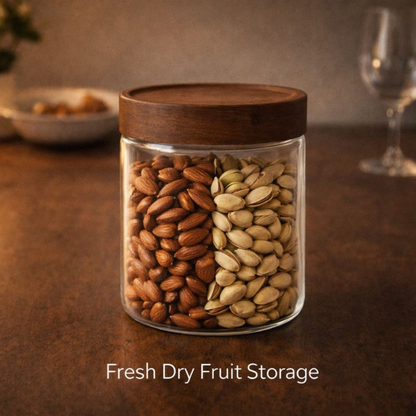 Aesthetic Café Style Glass Storage 1 PCS Jar-530ML with Airtight Wooden Lid – Clear Pantry Canister for Coffee Beans, Grains, and Kitchen Organization