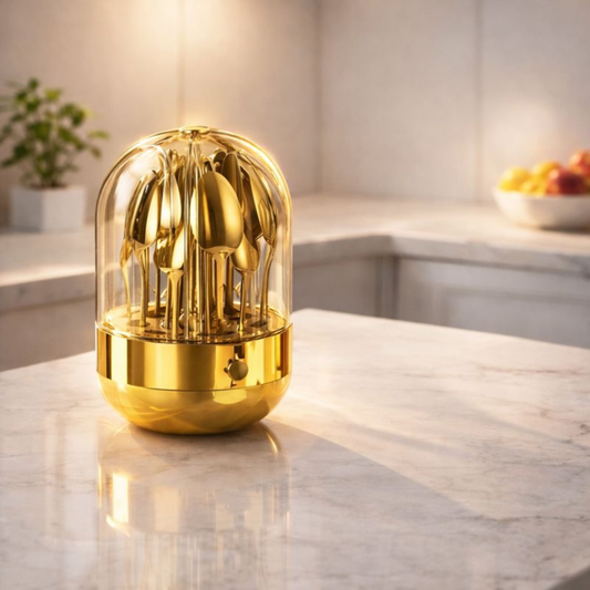 Luxury 24-Piece Gold Cutlery Set with Rotating Dustproof Storage Dome – Hygienic 360° Spin Flatware Organizer – Premium Stainless Steel Spoons, Forks, & Knives for Elegant Dining & Kitchen Decor