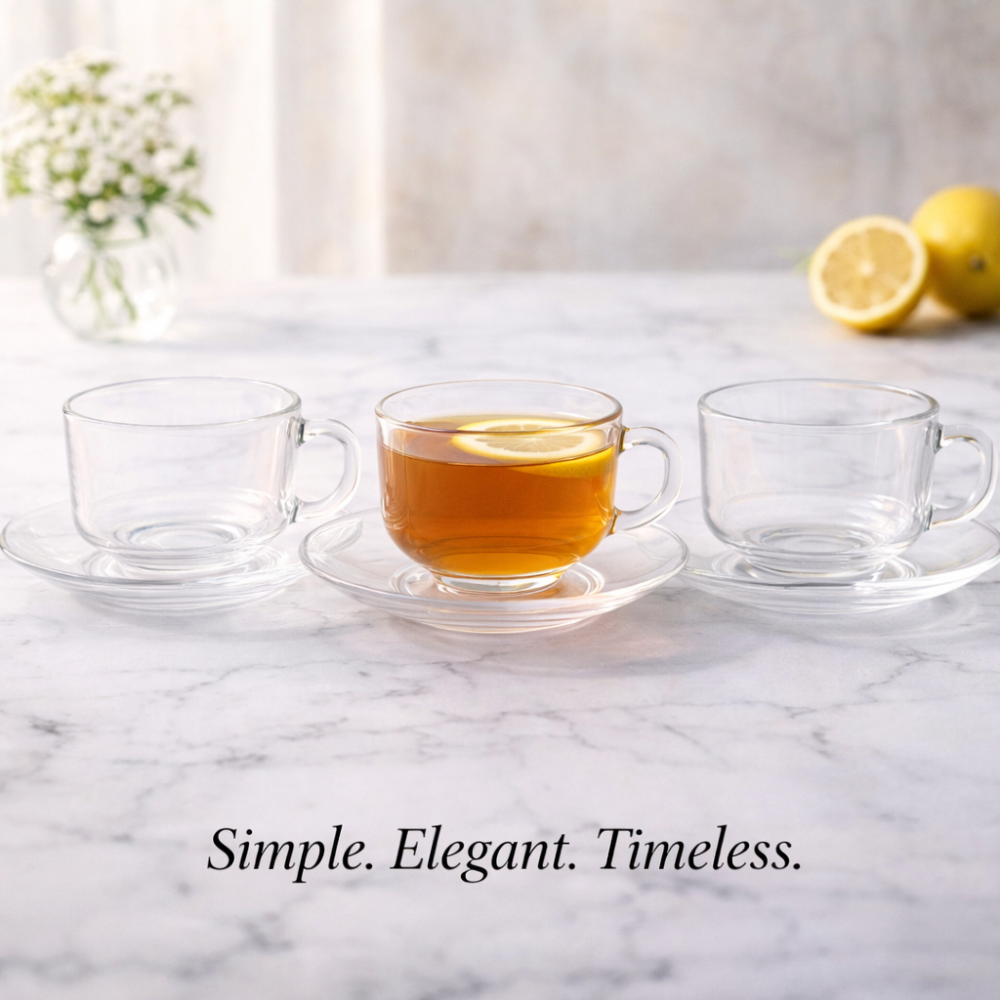 Premium 160 ML Glass Teacup & Saucer Set (12 Pieces) – Transparent Clear Glass Chai Cups with 5 Inch Saucer | Elegant Café Style Tea Set for Home, Office & Gifting