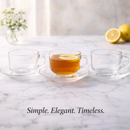 Premium 160 ML Glass Teacup & Saucer Set (12 Pieces) – Transparent Clear Glass Chai Cups with 5 Inch Saucer | Elegant Café Style Tea Set for Home, Office & Gifting
