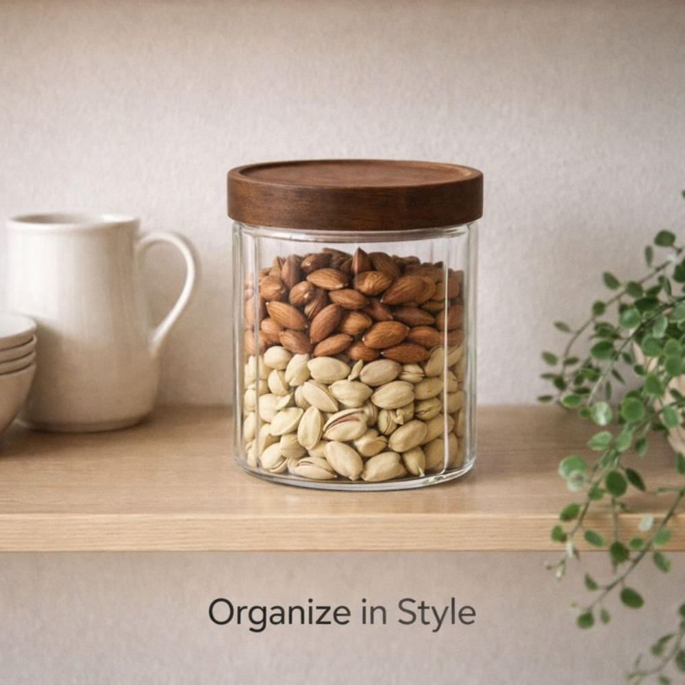 Aesthetic Café Style Glass Storage 1 PCS Jar-530ML with Airtight Wooden Lid – Clear Pantry Canister for Coffee Beans, Grains, and Kitchen Organization