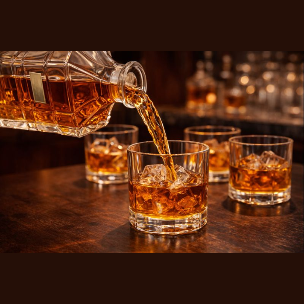 7-Piece Luxury Glass Whiskey Decanter Set – 1 Crystal-Style Liquor Bottle with 6 Matching Rocks Glasses – Elegant Barware Gift Set for Scotch, Bourbon, and Brandy