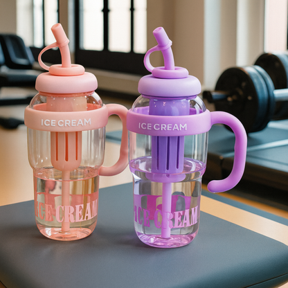 Premium Ice Cream Straw Sipper Bottle – Cute Aesthetic Water Mug with Handle & Lid for Kids & Adults (600ml, Multicolour)
