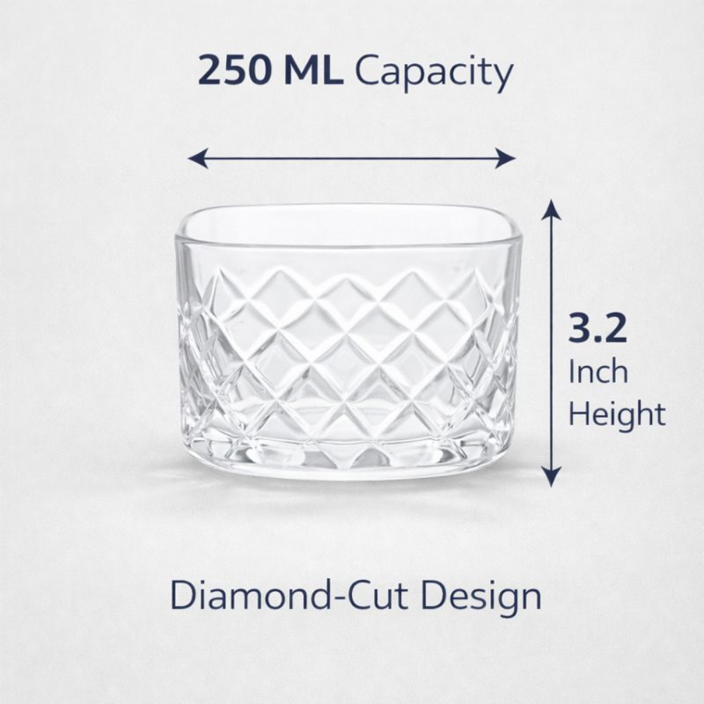 6 PCS Diamond Glass Bowl Set – 250 ML Premium Clear Glass Dessert Bowls | Diamond-Cut Design | Snack, Ice Cream, Fruit & Serving Bowls | Stackable & Easy to Clean