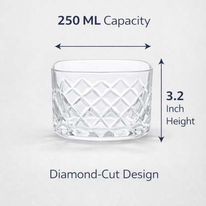 6 PCS Diamond Glass Bowl Set – 250 ML Premium Clear Glass Dessert Bowls | Diamond-Cut Design | Snack, Ice Cream, Fruit & Serving Bowls | Stackable & Easy to Clean