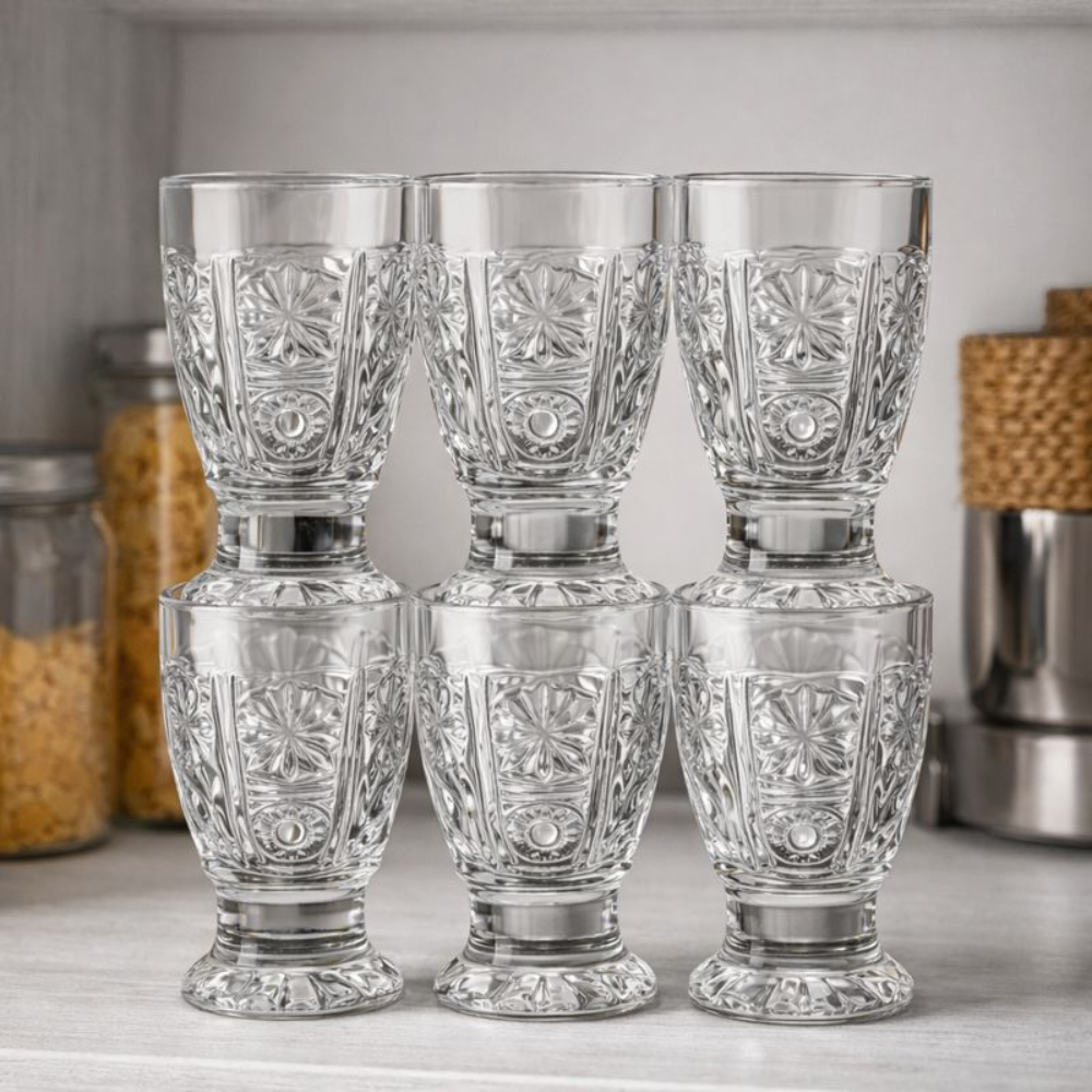 Premium Pedestal Juice Glass Set of 6 | Elegant Cut Glass Drinking Glasses for Water, Juice & Sharbat | Heavy Base Transparent Glassware for Home & Dining