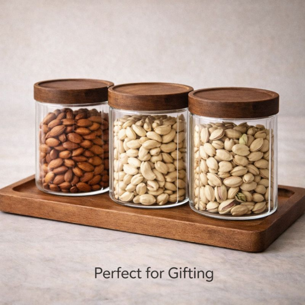 Aesthetic Café Style Glass Storage 1 PCS Jar-530ML with Airtight Wooden Lid – Clear Pantry Canister for Coffee Beans, Grains, and Kitchen Organization