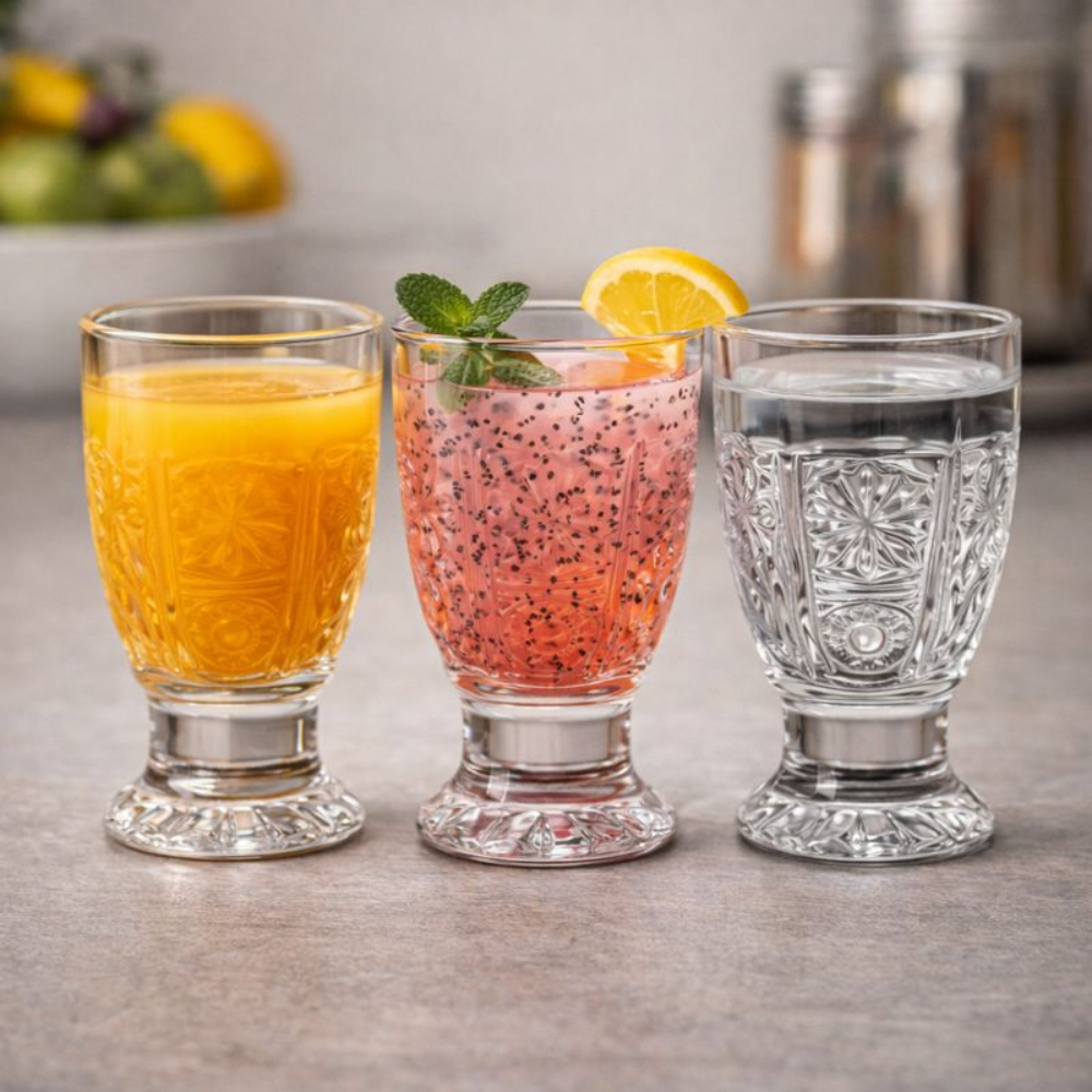 Premium Pedestal Juice Glass Set of 6 | Elegant Cut Glass Drinking Glasses for Water, Juice & Sharbat | Heavy Base Transparent Glassware for Home & Dining