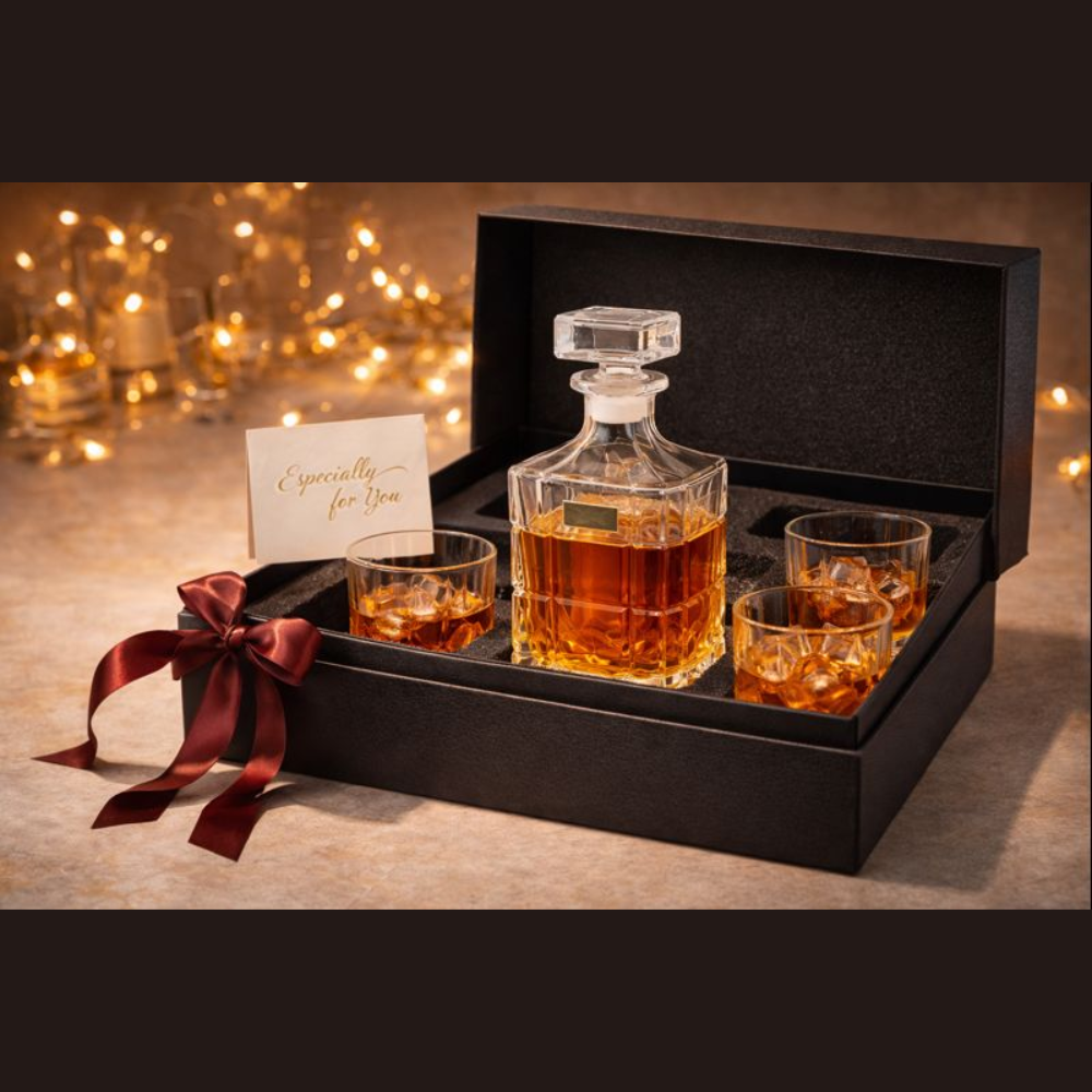 7-Piece Luxury Glass Whiskey Decanter Set – 1 Crystal-Style Liquor Bottle with 6 Matching Rocks Glasses – Elegant Barware Gift Set for Scotch, Bourbon, and Brandy