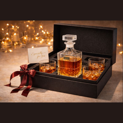 7-Piece Luxury Glass Whiskey Decanter Set – 1 Crystal-Style Liquor Bottle with 6 Matching Rocks Glasses – Elegant Barware Gift Set for Scotch, Bourbon, and Brandy