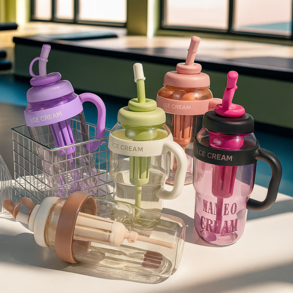 Premium Ice Cream Straw Sipper Bottle – Cute Aesthetic Water Mug with Handle & Lid for Kids & Adults (600ml, Multicolour)
