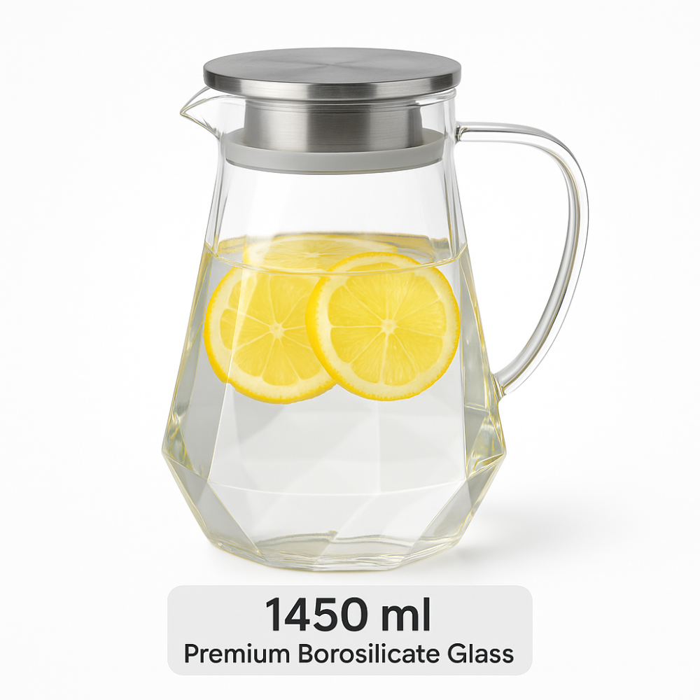 Diamond-Cut Glass Pitcher with Stainless-Steel Lid – 1450 ml (1.45 L) | Anti-Drip Spout | Hot & Cold