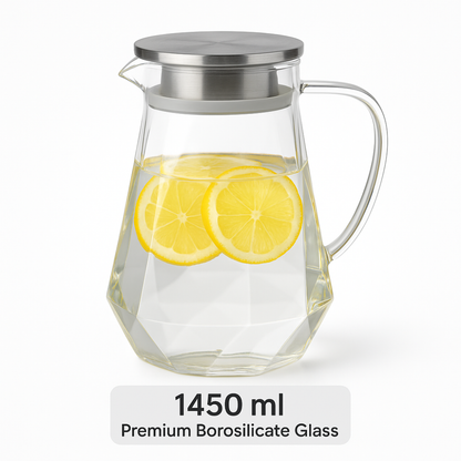 Diamond-Cut Glass Pitcher with Stainless-Steel Lid – 1450 ml (1.45 L) | Anti-Drip Spout | Hot & Cold