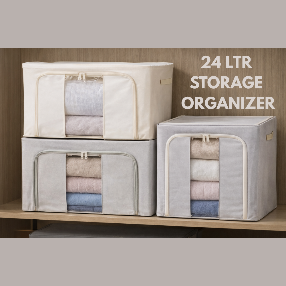 24 Liter Foldable Storage Organizer Box with Transparent Window & Zipper – Fabric Clothes Storage Bag for Wardrobe, Blanket, Saree, Bedding & Closet Organizer