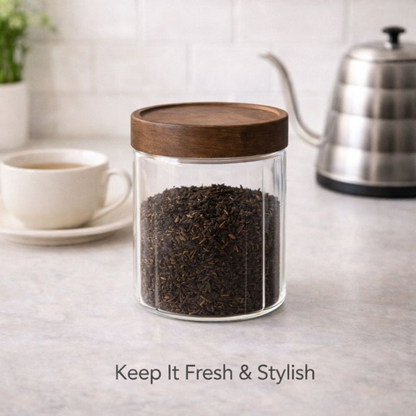 Aesthetic Café Style Glass Storage 1 PCS Jar-530ML with Airtight Wooden Lid – Clear Pantry Canister for Coffee Beans, Grains, and Kitchen Organization