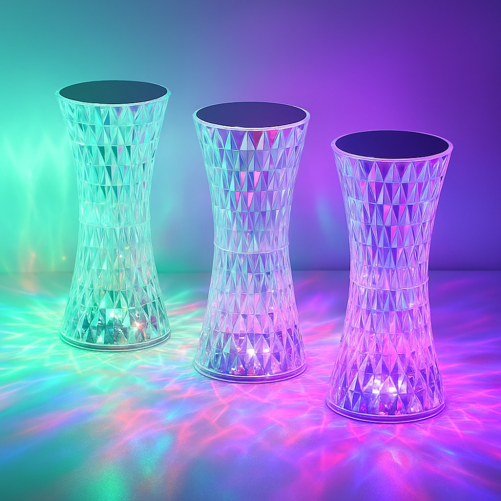 Crystal LED Hour-Glass Table Lamp | Diamond-Cut Acrylic RGB Mood Light | Rechargeable Portable Home Decor Lamp