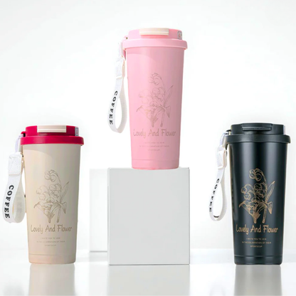 Reusable Insulated Coffee Tumbler with Strap Handle – Floral Design Travel Mug (Multiple Colors)