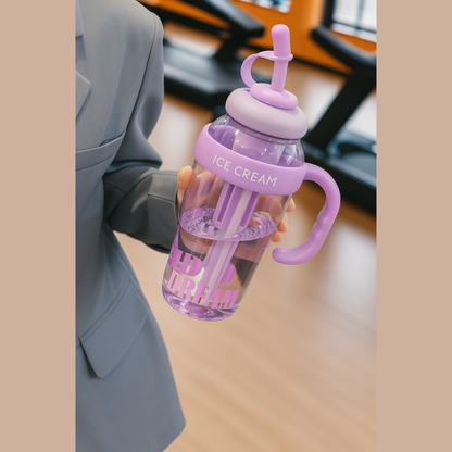 Premium Ice Cream Straw Sipper Bottle – Cute Aesthetic Water Mug with Handle & Lid for Kids & Adults (600ml, Multicolour)
