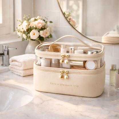Dual-Layer Clear Travel Makeup Bag – Large Capacity Waterproof Toiletry Organizer with Handle – Portable Cosmetic Case for Skincare And Toiletry Bag