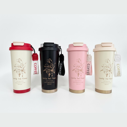 Reusable Insulated Coffee Tumbler with Strap Handle – Floral Design Travel Mug (Multiple Colors)