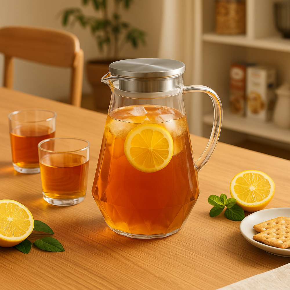 Diamond-Cut Glass Pitcher with Stainless-Steel Lid – 1450 ml (1.45 L) | Anti-Drip Spout | Hot & Cold