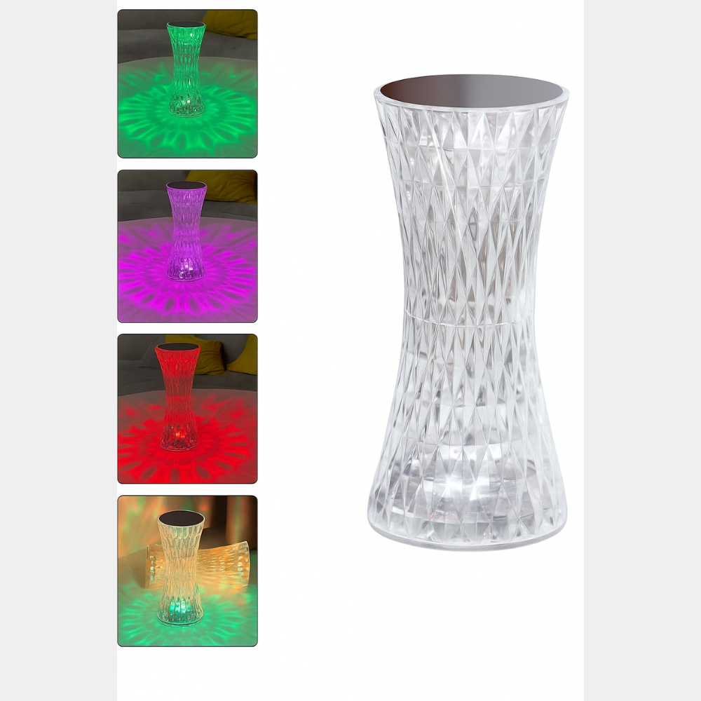 Crystal LED Hour-Glass Table Lamp | Diamond-Cut Acrylic RGB Mood Light | Rechargeable Portable Home Decor Lamp