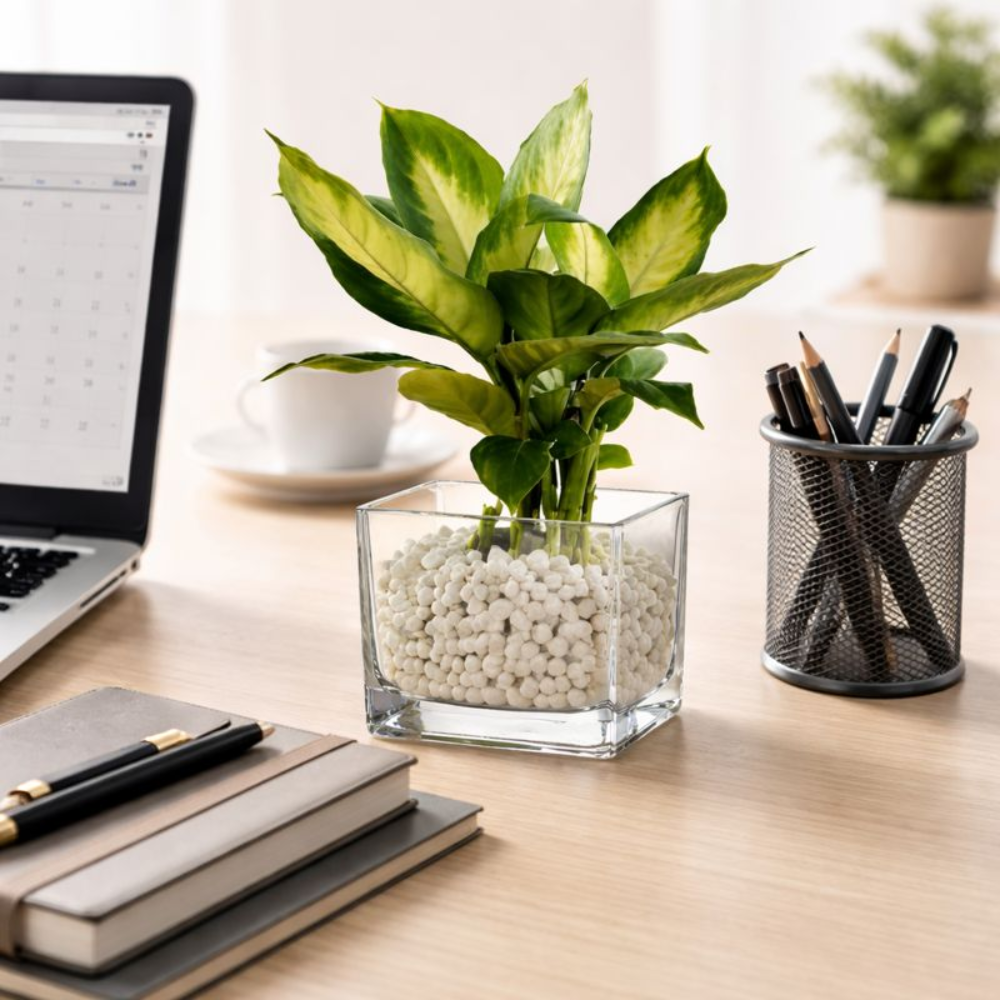 Premium Square Glass Flower Vase | Transparent Tabletop Planter with Pebbles | Modern Desk & Home Decor Glass Pot for Indoor Plants