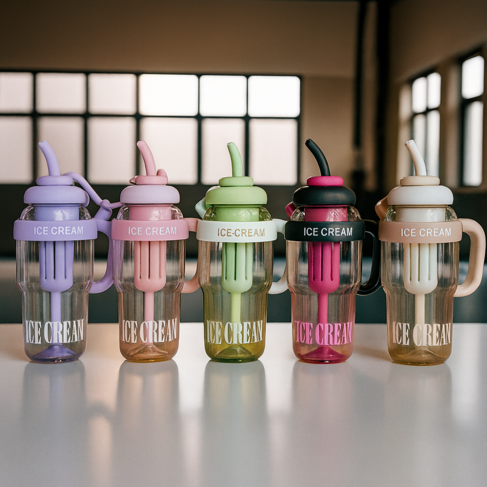 Premium Ice Cream Straw Sipper Bottle – Cute Aesthetic Water Mug with Handle & Lid for Kids & Adults (600ml, Multicolour)