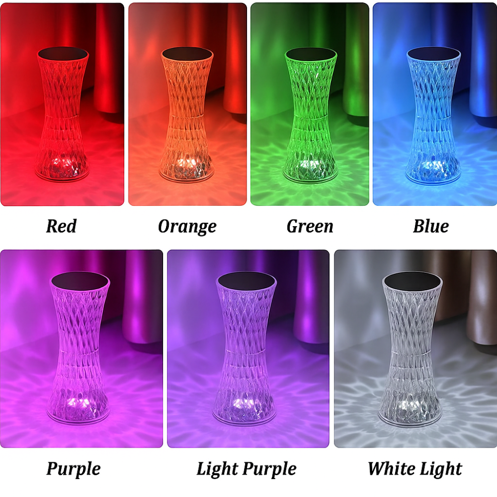 Crystal LED Hour-Glass Table Lamp | Diamond-Cut Acrylic RGB Mood Light | Rechargeable Portable Home Decor Lamp