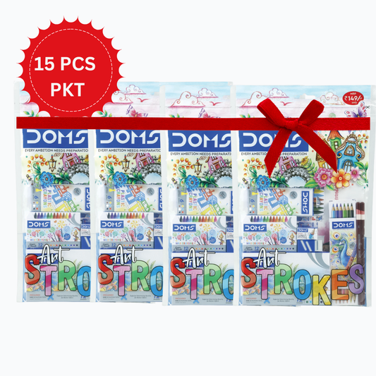DOMS Art Strokes Kit – 15 PCS Value Pack | Colour Pencils, Crayons, Sketch Tools & Art Essentials for Kids
