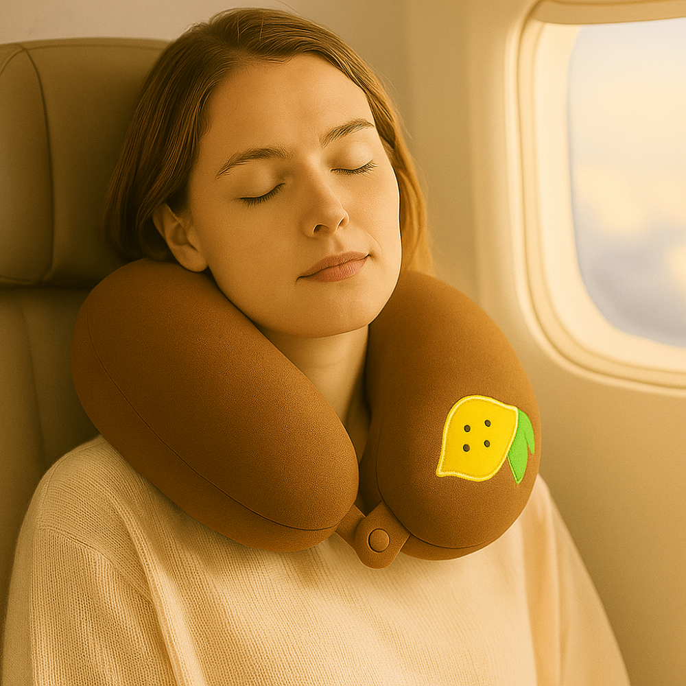 Premium Off-White Travel Neck Pillow with Lemon Patch – Soft Velvet Memory Foam for Flights & Comfort