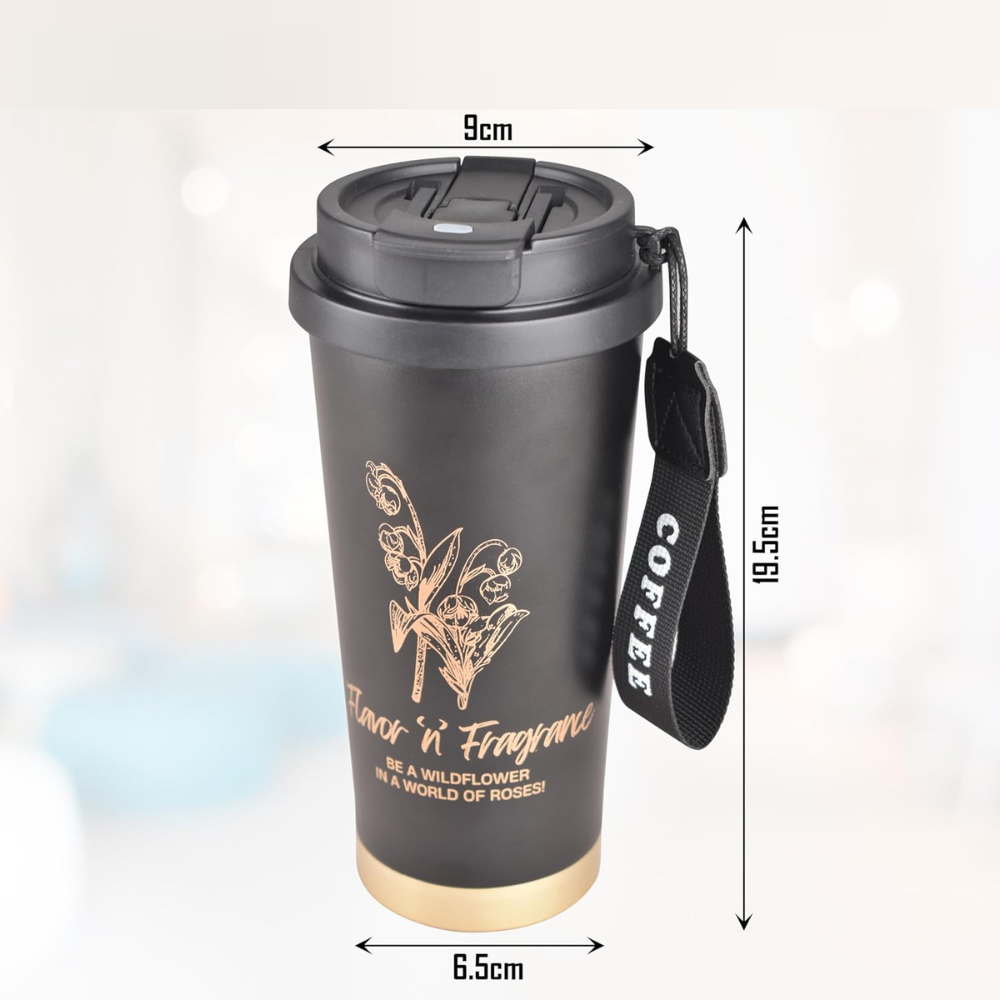 Reusable Insulated Coffee Tumbler with Strap Handle – Floral Design Travel Mug (Multiple Colors)