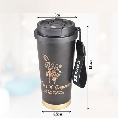 Reusable Insulated Coffee Tumbler with Strap Handle – Floral Design Travel Mug (Multiple Colors)