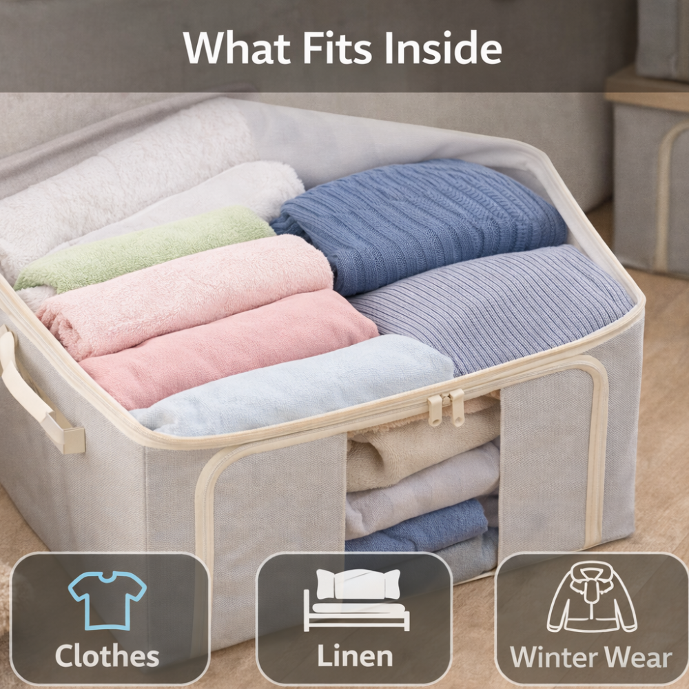 24 Liter Foldable Storage Organizer Box with Transparent Window & Zipper – Fabric Clothes Storage Bag for Wardrobe, Blanket, Saree, Bedding & Closet Organizer
