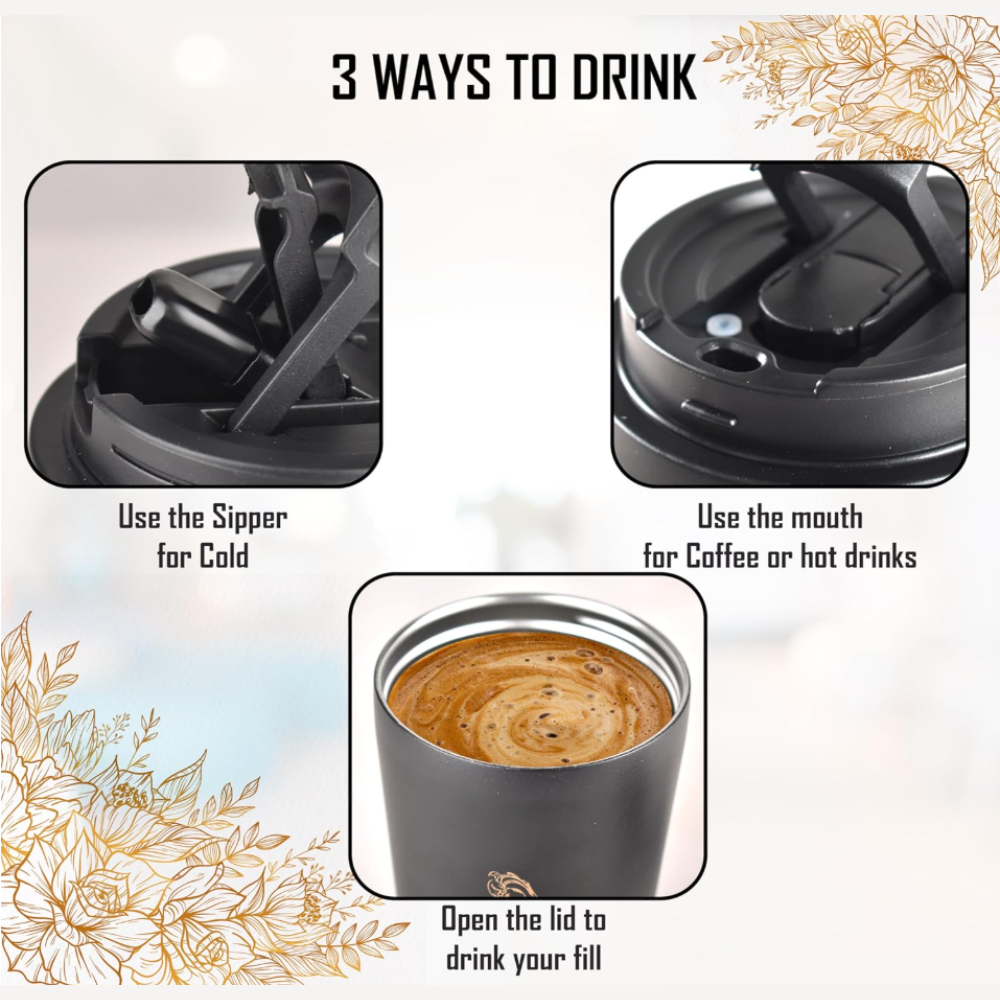 Reusable Insulated Coffee Tumbler with Strap Handle – Floral Design Travel Mug (Multiple Colors)