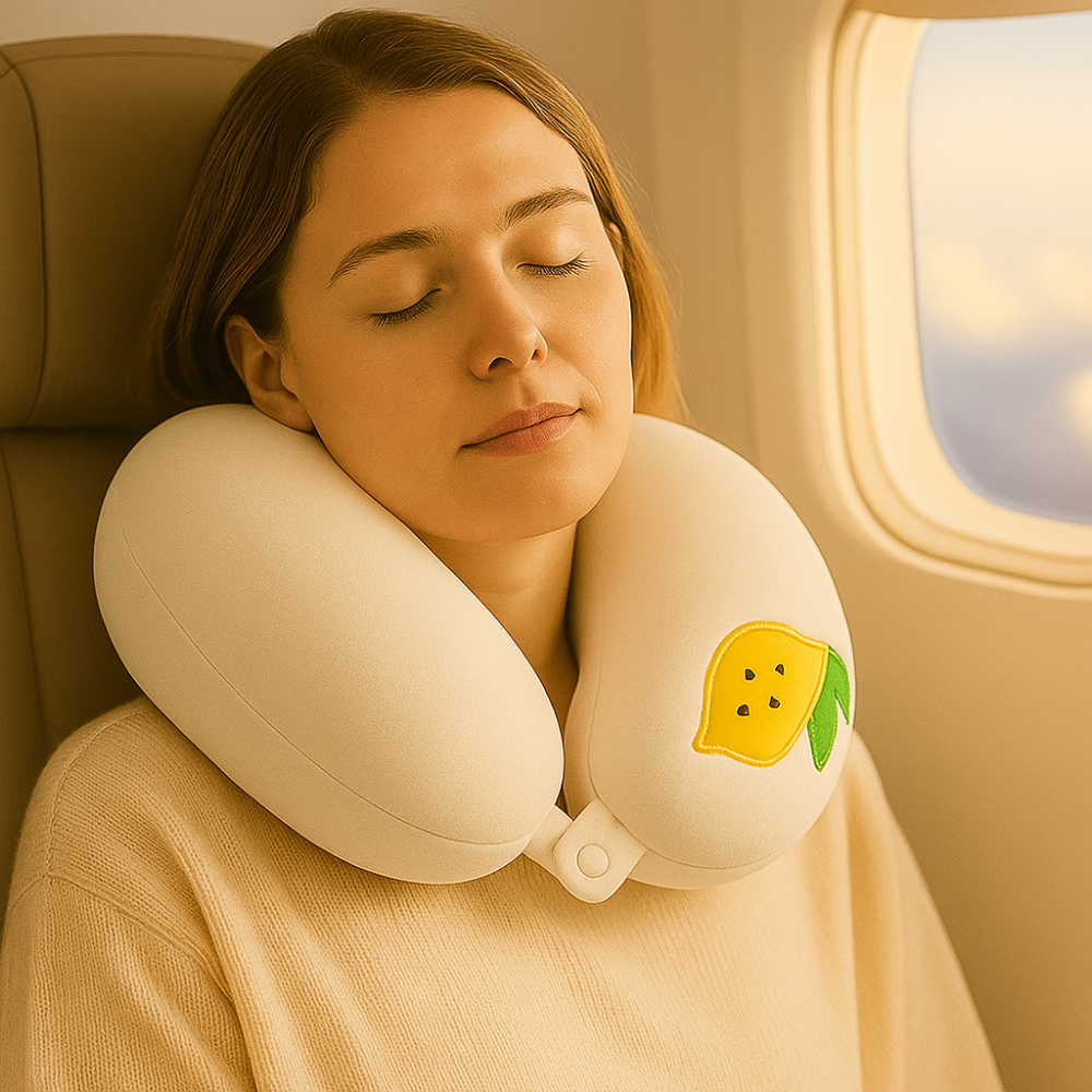 Premium Off-White Travel Neck Pillow with Lemon Patch – Soft Velvet Memory Foam for Flights & Comfort