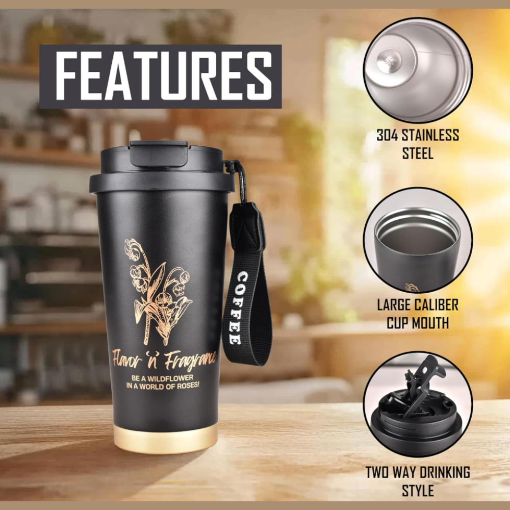 Reusable Insulated Coffee Tumbler with Strap Handle – Floral Design Travel Mug (Multiple Colors)