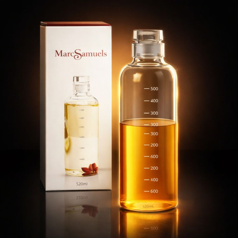Marc Samuels 520ml Premium Glass Oil Dispenser – Leak-Proof Borosilicate Glass Bottle with Measurement Markings & Airtight Cap – Elegant Kitchen Cruet for Olive Oil, Vinegar, & Syrups