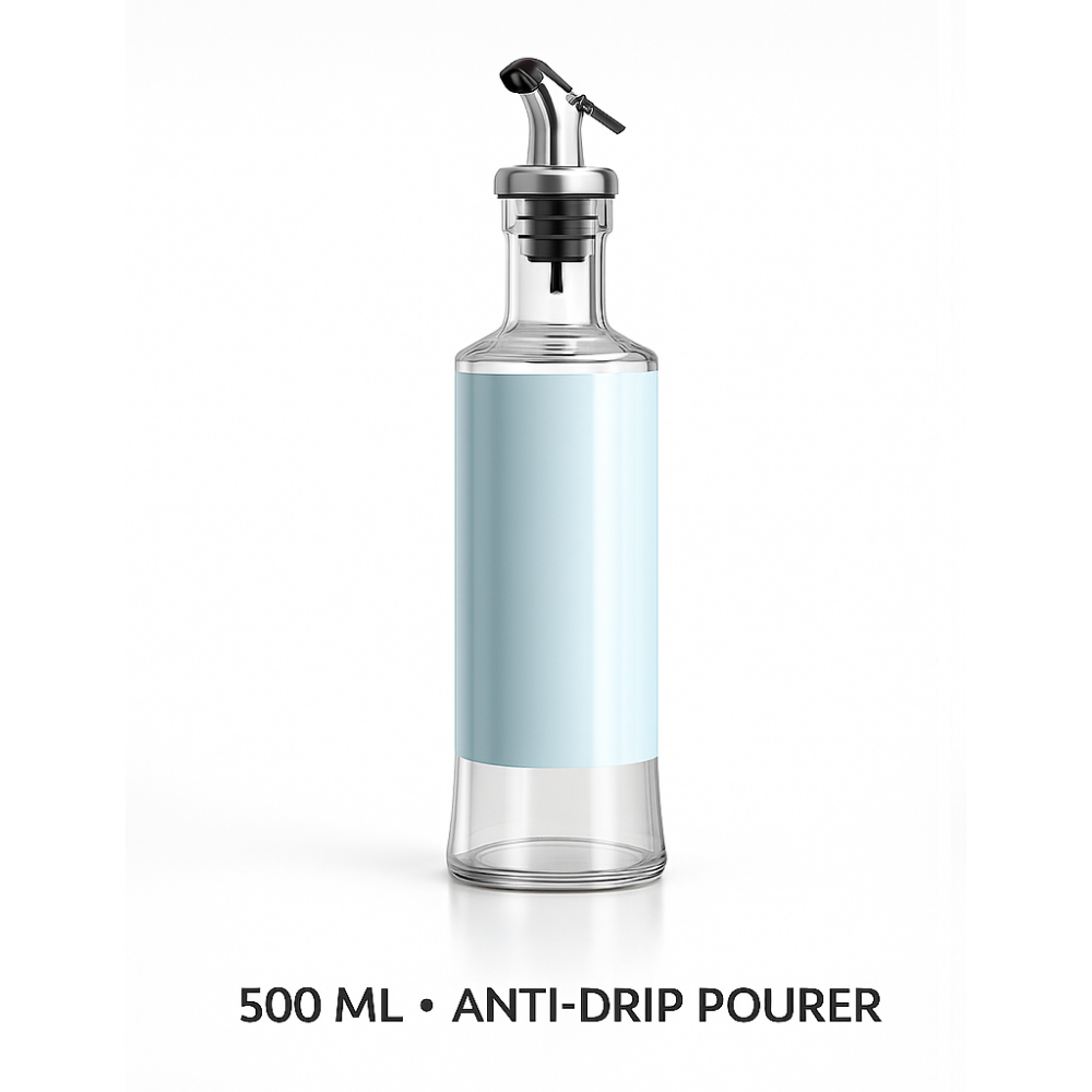 Glassozy  500 ml Oil Dispenser for Kitchen | Anti-Drip Stainless Steel Pourer | Glass Olive Oil & Vinegar Bottle with Leak-Proof Cap | Matte Black Non-Slip Grip | Perfect for Cooking & Salad Dressing