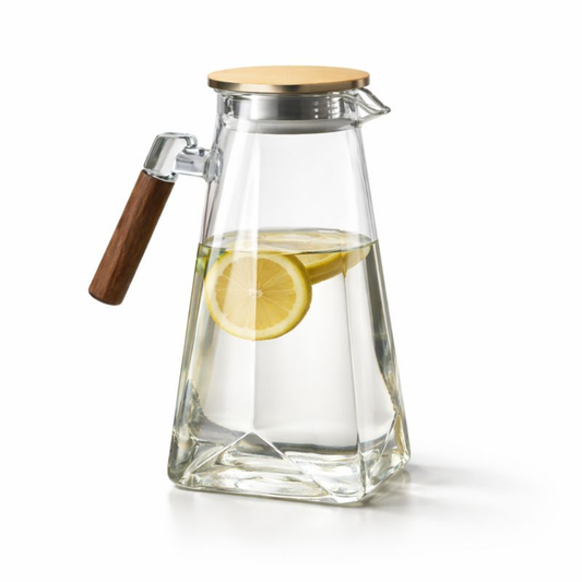 Premium Glass Water Jug 2 Litre with Wooden Handle | Lemon Water, Juice & Iced Tea Pitcher | Easy Pour Spout | Transparent Glass Carafe for Home & Dining