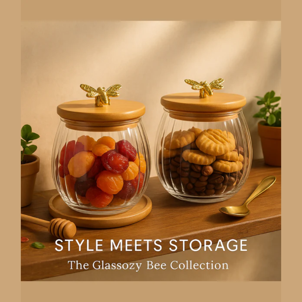 Glassozy 600 ml Premium Borosilicate Glass Jar 2 PCS with Bamboo Lid & Golden Bee Handle — Elegant Airtight Container for Honey, Dry Fruits, Tea, or Coffee