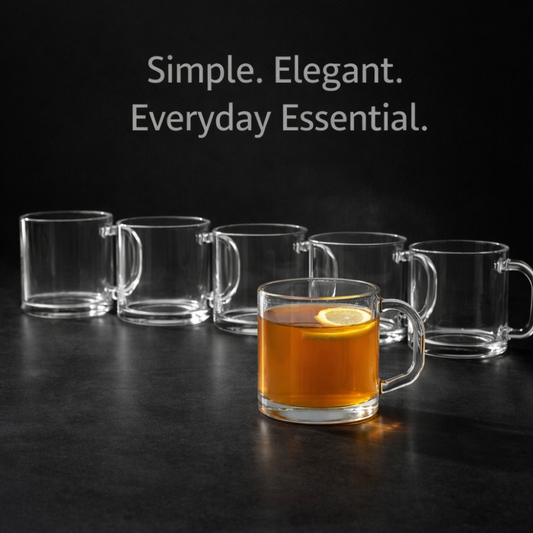 Premium Clear Glass Tea Cups Set of 6 (170 ML) – Transparent Chai Cups with Handle | Heat Resistant Coffee & Kadak Chai Mugs | Elegant Gift Box Packaging