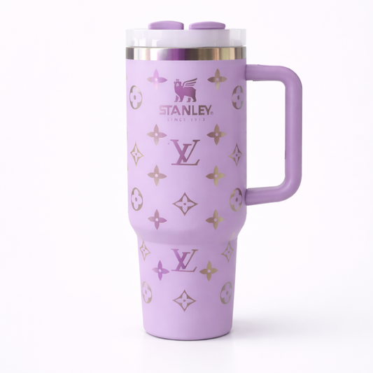 Stanley LV Inspired 40oz Quencher Tumbler – Custom Lavender Monogram Insulated Cup with Handle & Straw – Luxury Travel Mug for Hot & Cold Drinks