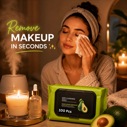 Avocado Deep Cleansing Makeup Remover Wipes – Hydrating Facial Cleansing Towelettes for Fresh & Glowing Skin (100 PCS)